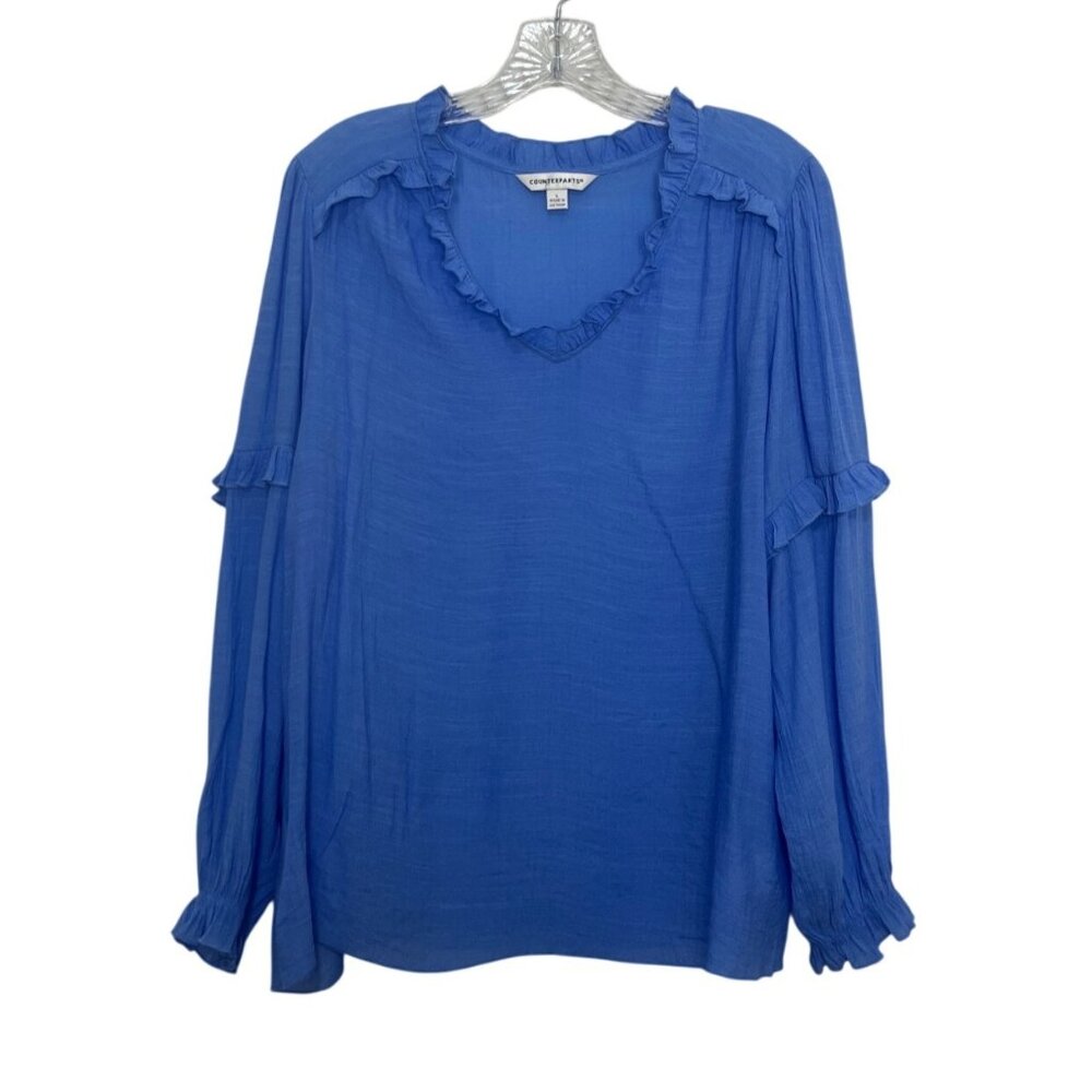 Counterparts Long Sleeve Ruffle Blouse Vneck Large Blue Boho Cottage